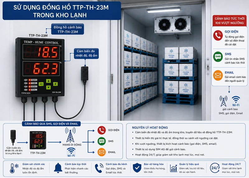 hệ thống giám sát nhiệt độ độ ẩm kho lạnh bằng đồng hồ TTP-TH-23M